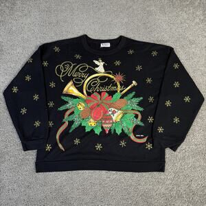 Vintage Christmas Sweatshirt Mens XL Black Holiday Bells Motif Glitter 90s